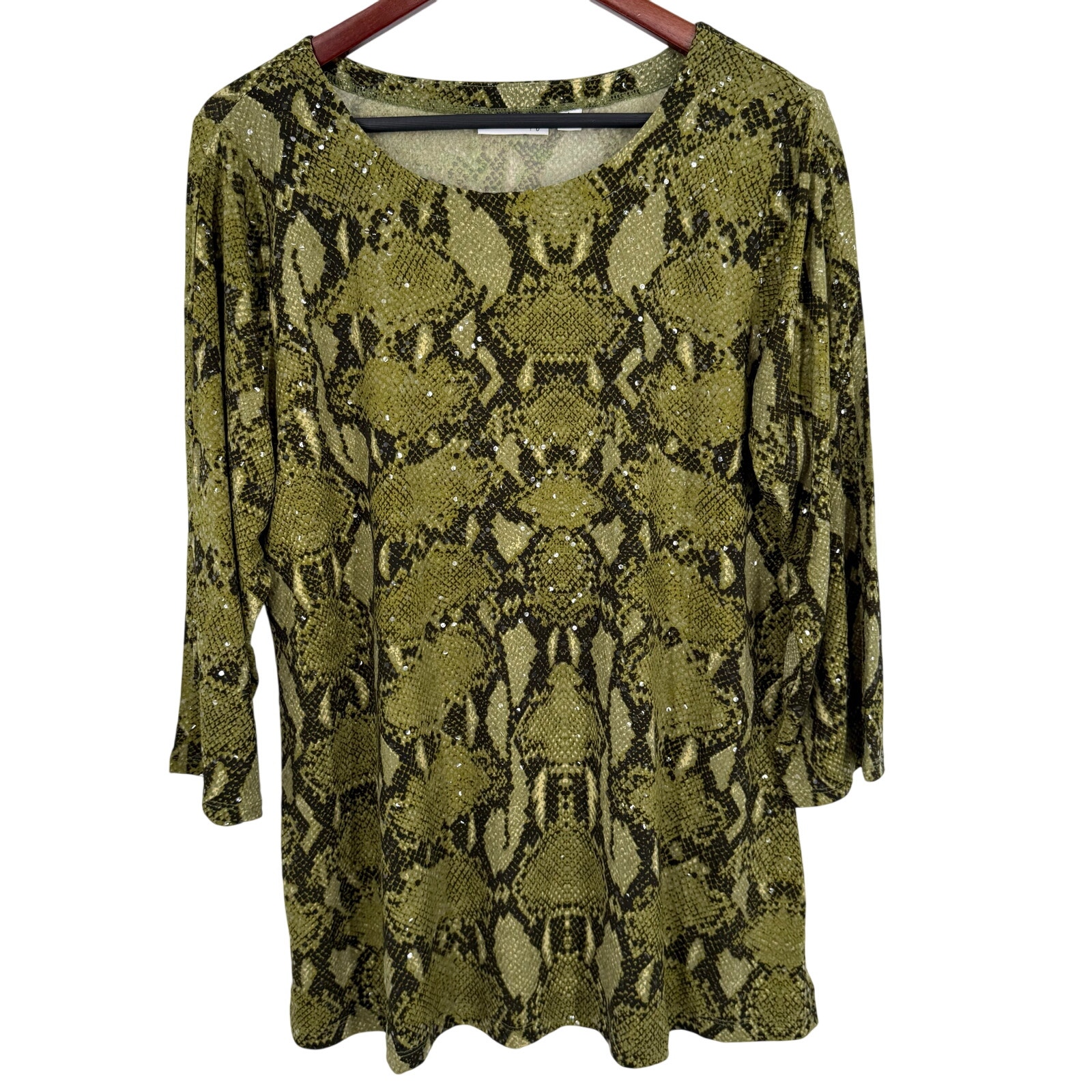 New Nwot Susan Graver Large Olive Green Sparkly Stretchy Snake Print Shirt Top